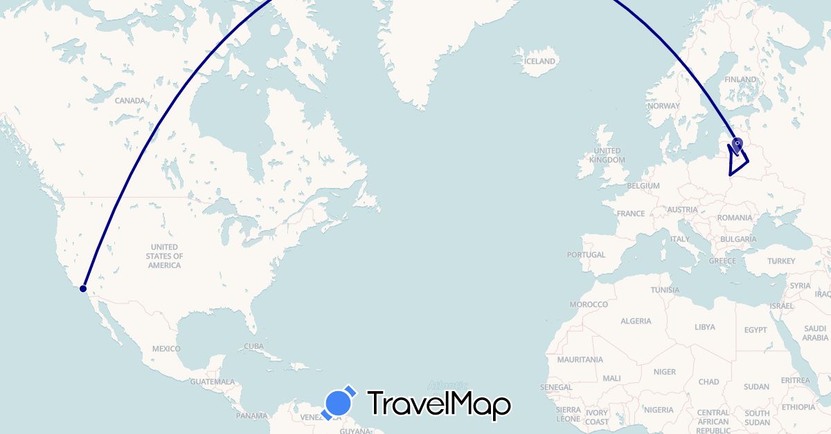 TravelMap itinerary: driving in Belarus, Lithuania, United States (Europe, North America)